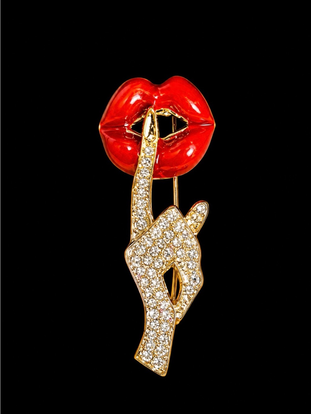 Gold Crystal Hand & Red Lips Statement Brooch - Women Jewelry